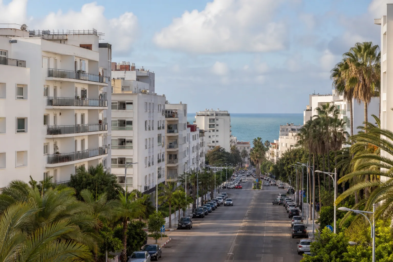 Avenue résidentielle de Bourgogne orientée vers le littoral de Casablanca