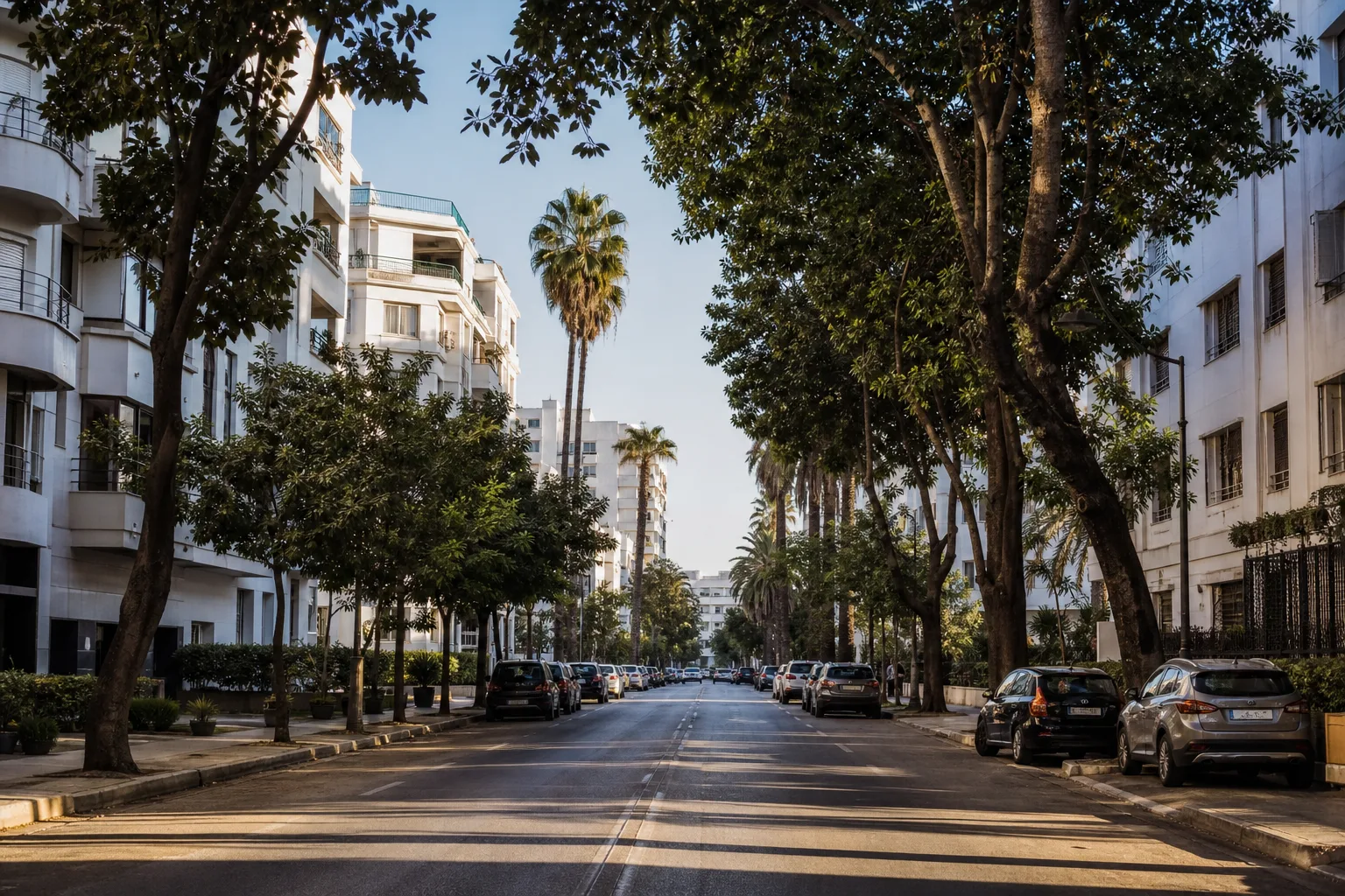 Rue centrale arborée du quartier Palmier à Casablanca